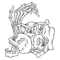 coloring illustration of cartoon skulls in paper bag