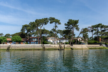 Cap Ferret (bassin d’Arcachon, France). Villas traditionnelles au bord de l'eau