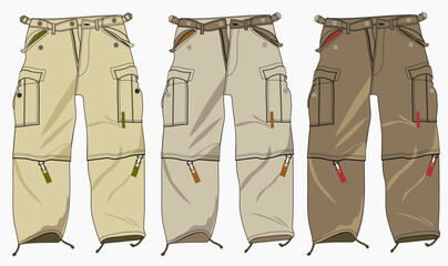 Naklejka premium technical sketch of mens cargo pants camel, Men Boys Cargo Pocket Pant fashion flat sketch template, MEN AND BOYS BOTTOM WEAR CARGO PANT