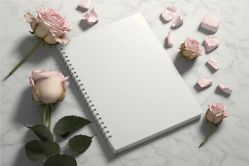 Blank open copyspace notepad with rose on pink background, top view, Mother's Day, AI generation