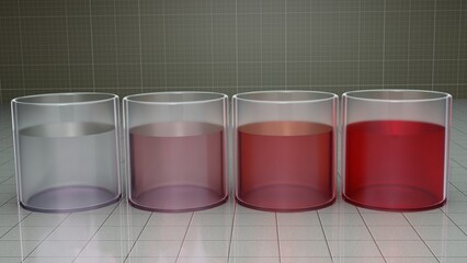 Chemistry beakers filled with colorful liquids. Pure clear water transitions to various shades of red 3d render illustration.
