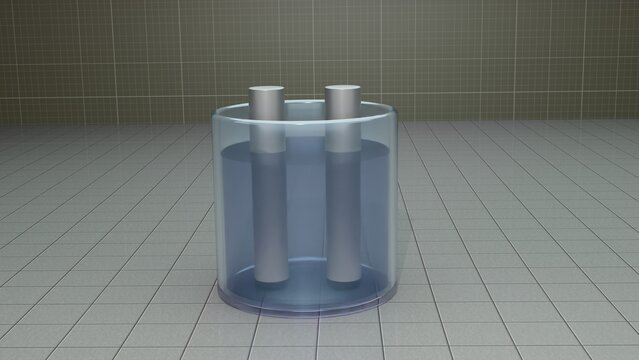 Electrochemistry. Chemistry beaker filled with clear liquid. 3d render illustration.