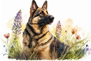 German shepherd. generative ai. Spring dog portrait. Portrait of a german shepherd dog