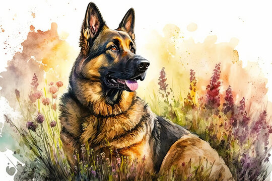 German shepherd. generative ai. Spring dog portrait. Portrait of a german shepherd dog
