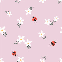 Seamless pattern with white flower and ladybird cartoons on pink purple background vector illustration. Cute floral print. © Thanawat