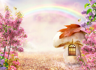Fototapeta Fantasy fairy tale forest with magical window in giant mushroom gnome house. Blooming lilac and apple tree garden and rainbow in sky, enchanted road path with luminous solar reflection sparkles. obraz