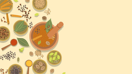 ガラムマサラの背景イラスト。俯瞰図。フラットなベクターイラスト。Background illustrations of Garam masala. Bird’s-eye view. Flat designed vector illustration.