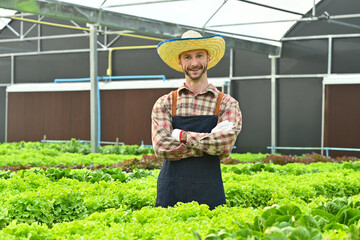 Obraz premium Portrait of smiling male farmer standing with arms crossed in hydroponics greenhouse plantation