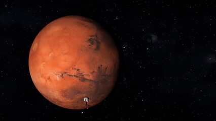 Red planet Mars in outer space and spaceship flying near