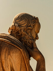 Socrates portrait with contemplative expression, marble statue of the ancient Greek philosopher....