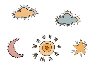 Scandinavian style clouds moon and sun