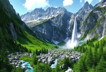 beautiful green mountain landscape waterfall generative ai
