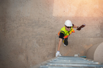 Asian engineer wearing protective vest and white hardhat holding a ladder While holding tablet and documents with a smile