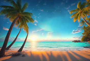 Fototapeta na wymiar beautiful photo of sunshine sun leaks on beach with palm trees generative ai