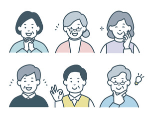 Fototapeta premium 高齢者・シニアのポジティブなアイコンセット 上半身 単色 おじいちゃん おばあちゃん