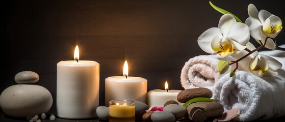 spa composition on massage with Soft White Towels, Essential Oils, flower, Candles, and Relaxation. Generative AI	