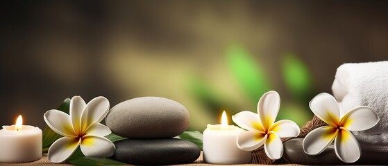 Naklejka na ściany i meble spa composition on massage with Soft White Towels, Essential Oils, flower, Candles, and Relaxation. Generative AI 