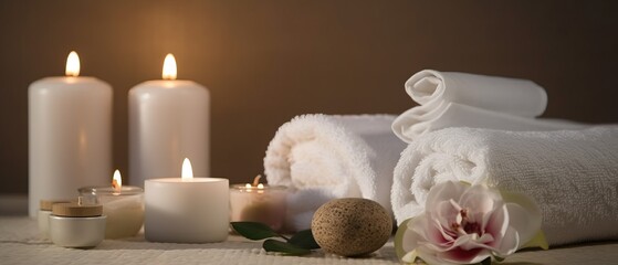 spa composition on massage with Soft White Towels, Essential Oils, flower, Candles, and Relaxation. Generative AI	