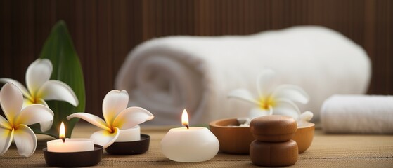 Obraz na płótnie Canvas spa composition on massage with Soft White Towels, Essential Oils, flower, Candles, and Relaxation. Generative AI 