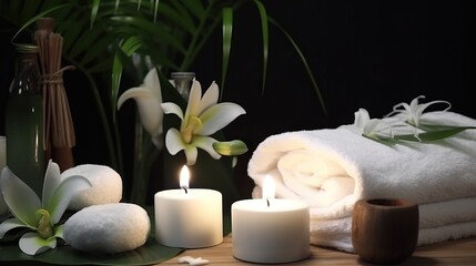 Obraz na płótnie Canvas spa composition on massage with Soft White Towels, Essential Oils, flower, Candles, and Relaxation. Generative AI 