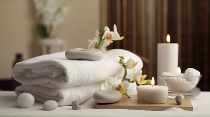 Fototapeta na wymiar spa composition on massage with Soft White Towels, Essential Oils, flower, Candles, and Relaxation. Generative AI 