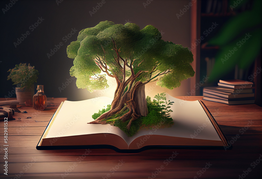 Wall mural an open book with tree growing out of it. Generative AI.