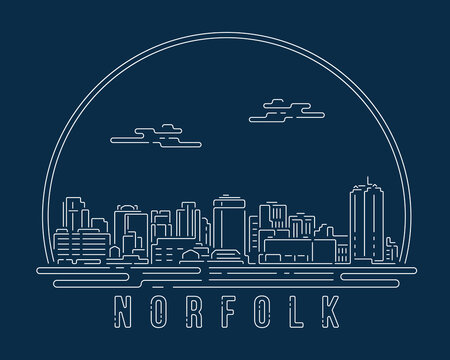 Norfolk - Cityscape with white abstract line corner curve modern style on dark blue background, building skyline city vector illustration design