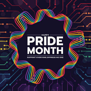 Happy pride month text in abstract lines rianbow pride roll waving frame on electric circuit texture background vector design