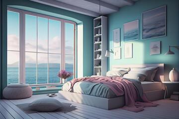 large room with furniture on sea view  , Generate by AI