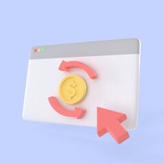 Interface desktop windows with gold coin transfer and arrow mouse icon. realistic finance symbols 3d render, online banking payment and investment concept.