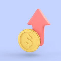 Golden coin and rise up arrow money movement icon. realistic finance symbols 3d render, online exchange banking payment and investment concept.