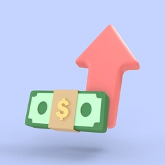 Banknote and rise up arrow money movement icon. realistic finance symbols 3d render, online exchange banking payment and investment concept.