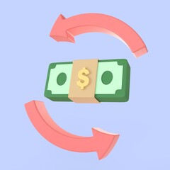 Banknote and arrow transfer money movement icon. realistic finance symbols 3d render, online exchange banking payment and investment concept.
