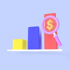 Dollar sign and column chart with magnifying glass icon for planing or searching realistic money finance symbols 3d render, online statistics banking payment and investment concept.