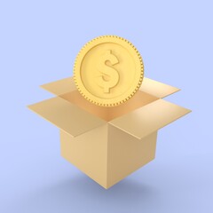 Golden coin rise up on a box money movement icon. realistic finance symbols 3d render, online exchange banking payment and investment concept.