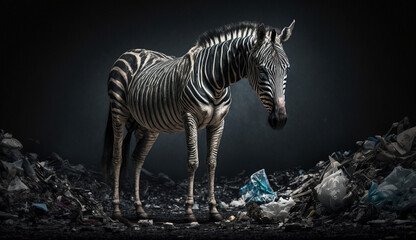 Fototapeta na wymiar A zebra stands near a pile of plastic waste,Concept of saving the world. Generative AI.