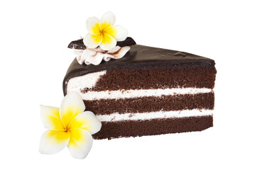 Obraz na płótnie Canvas chocolate cake dessert snack with frangipani flowers arrangement flat lay style 