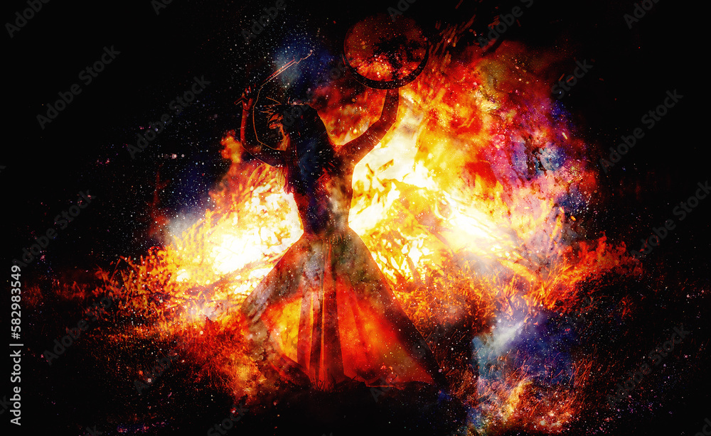 Aufkleber shamanic girl with frame drum on abstract structured space background.