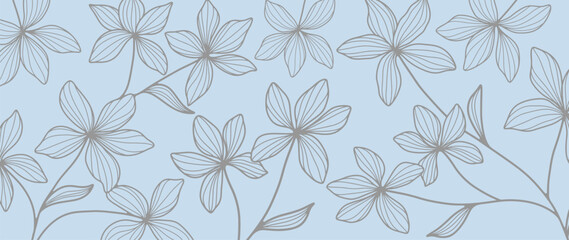 Vector floral blue background with outlines of flowers, twigs and leaves for decor, covers, backgrounds, wallpaper