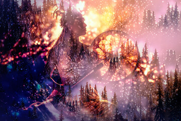 beautiful shamanic girl playing on shaman frame drum in the nature. Artist effect.