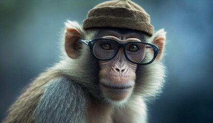 Monkey wearing glasses holding a camera poses for a photo,