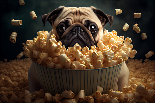 a cute dog with a popcorn bucket.Generative AI