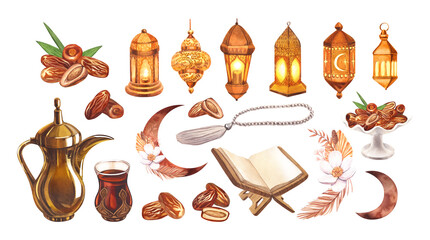 Watercolor set object ramadan. Hand-drawn illustration isolated on white background. Perfect for islamic celebration day ramadan kareem, eid al fitr adha, arabesque design.