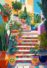 mediterranean garden at spring, colourful art, generative ai