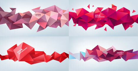 Vector set of red abstract facet, low poly geometric triangle background. 3d crystal colorful shapes, banners, horizontal orientation.
