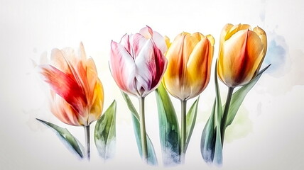 delicate colorful tulips in soft watercolor with white background - generative ai - generative ai