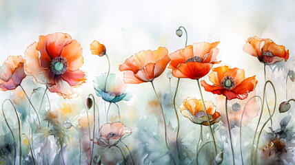 delicate poppies in soft watercolor with white background  - generative ai