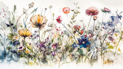 wispy flowers in soft watercolors with white background  - generative ai