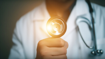 Doctor holding stethoscope pointed at camera Generative AI - obrazy, fototapety, plakaty