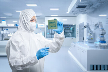 Worker or engineer wears medical protective suit or coverall suit with chipset
